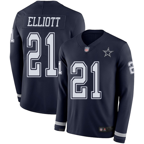 Men Dallas Cowboys Limited Navy Blue Ezekiel Elliott #21 Therma Long Sleeve NFL Jersey